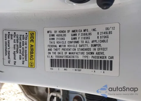 2012 Acura Tl 3.5 из США, поврежденный, VIN 19UUA8F29CA036775